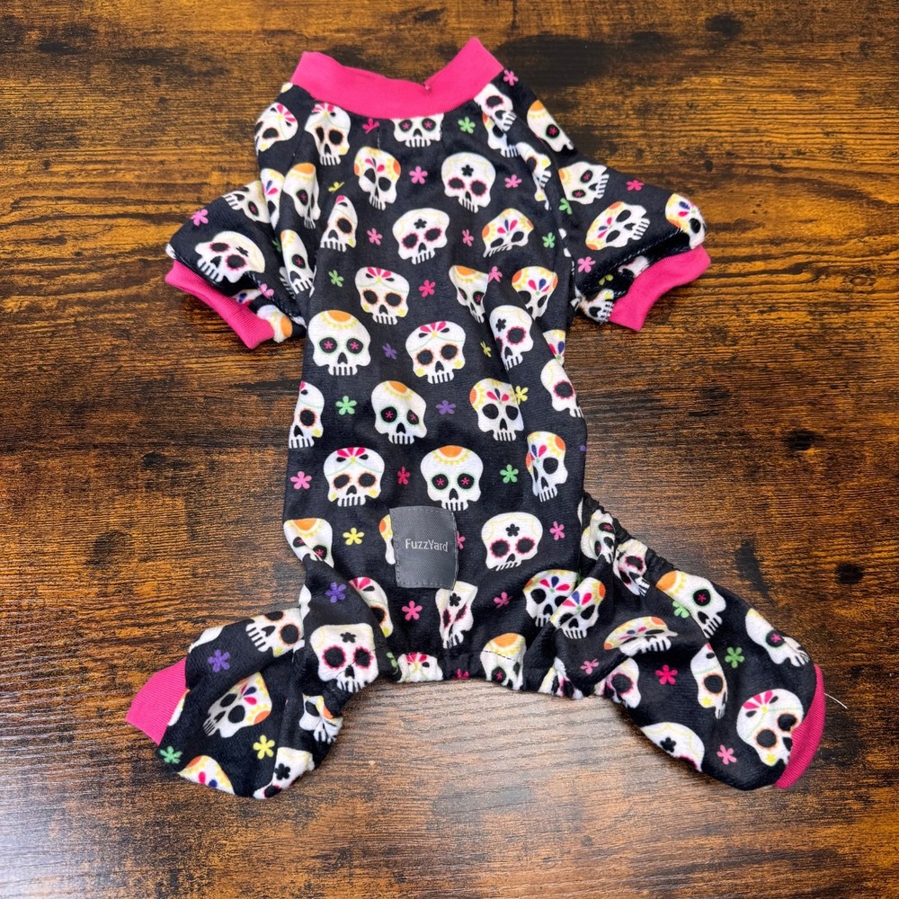 FuzzYard Dog Pajamas Size 1 XS Black Sugar Skull Pink Halloween Pet One Piece PJ